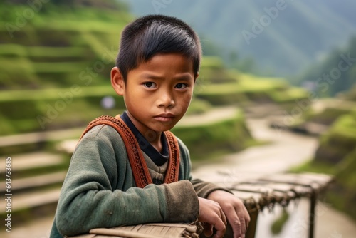 Photography in the style of pensive portraiture of a jovial boy in his 30s wearing a sporty polo shirt at the banaue rice terraces in ifugao philippines. With generative AI technology photo