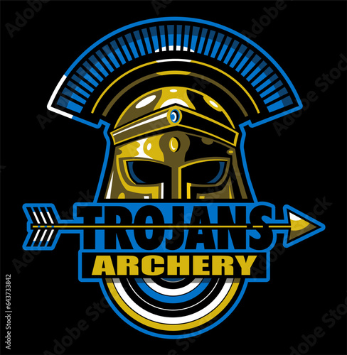 trojans archery team design with mascot helmet for school, college or league sports