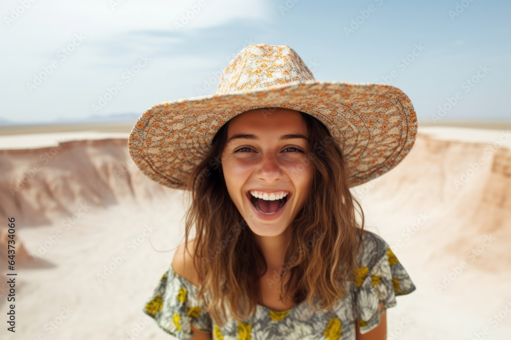 Environmental portrait photography of a joyful girl in his 20s wearing a whimsical sunhat at the darvaza gas crater in derweze turkmenistan. With generative AI technology