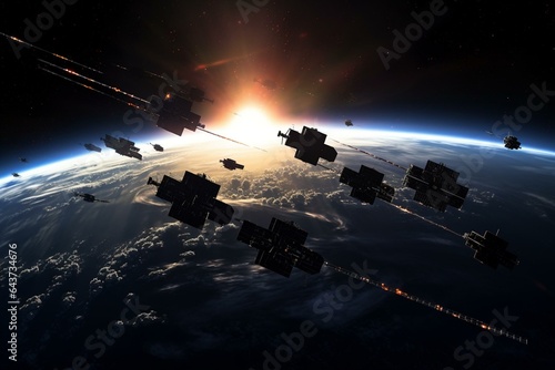 Silhouette view of a fleet of Starlink satellites in orbit above Earth with the sun on the horizon. Generative AI photo