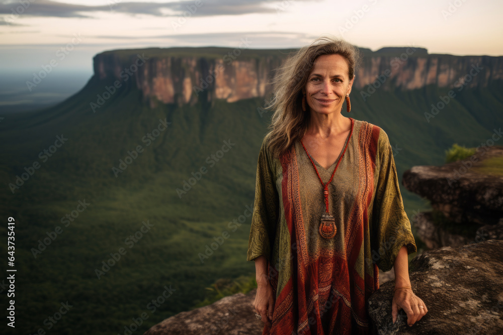 Naklejka premium Environmental portrait photography of a merry mature woman wearing a glamorous sequin top at the mount roraima in guiana shield south america. With generative AI technology