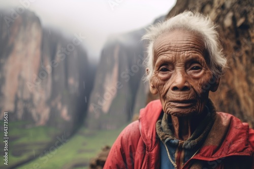 Close-up portrait photography of a content old woman wearing a breathable hiking shirt at the mount roraima in guiana shield south america. With generative AI technology photo