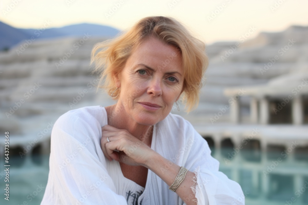 Photography in the style of pensive portraiture of a happy mature woman wearing a delicate silk blouse at the pamukkale in denizli turkey. With generative AI technology Photography in the style of pensive portraiture of a happy mature woman wearing a delicate silk blouse at the pamukkale in denizli turkey. With generative AI technology
