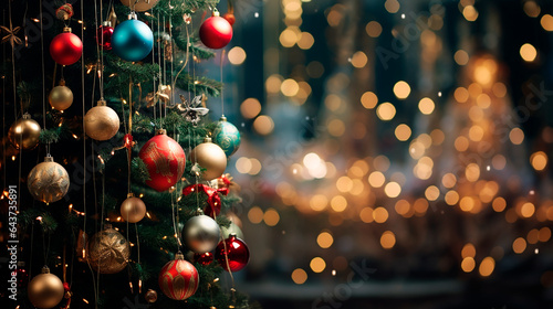 A splendid Christmas tree adorned with an array of colorful baubles and ornaments.