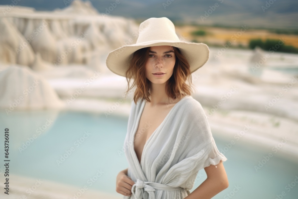 Lifestyle portrait photography of a tender mature woman wearing a whimsical sunhat at the pamukkale in denizli turkey. With generative AI technology