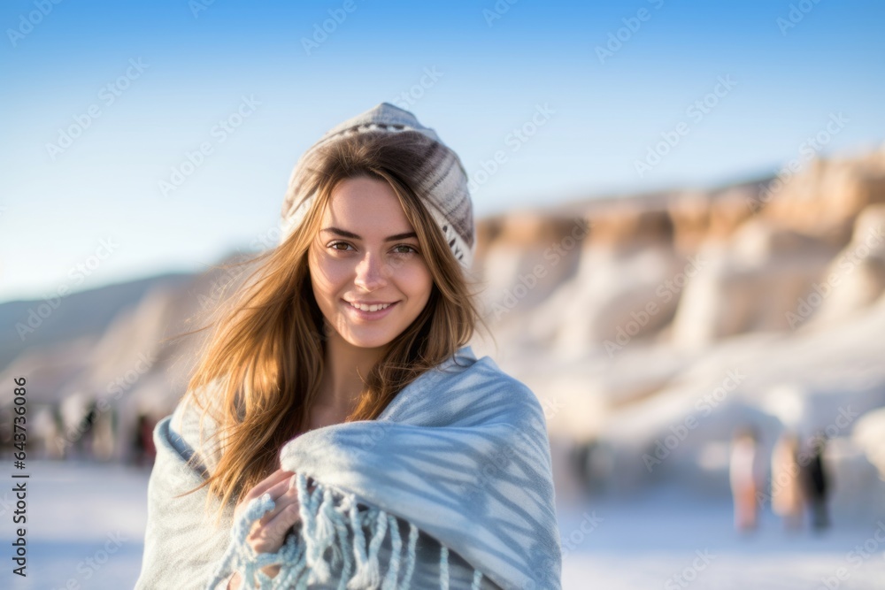 Lifestyle portrait photography of a glad girl in her 20s wearing a gorgeous silk scarf at the pamukkale in denizli turkey. With generative AI technology Lifestyle portrait photography of a glad girl in her 20s wearing a gorgeous silk scarf at the pamukkale in denizli turkey. With generative AI technology