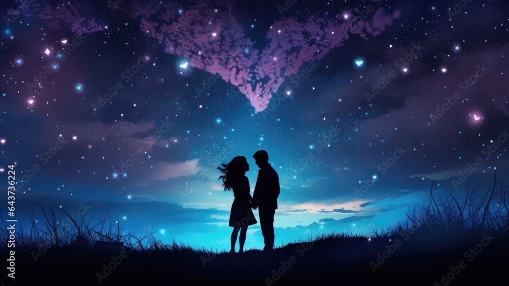 Couple with stars in the sky silhouetted together on a grassland, happy anniversary wallpaper with copy space for text