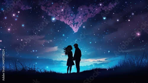 Couple with stars in the sky silhouetted together on a grassland, happy anniversary wallpaper with copy space for text © DigitalParadise
