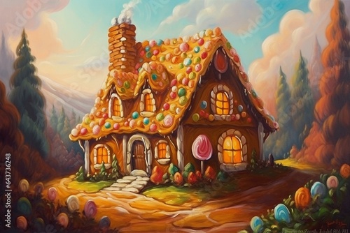 Oil painting of Hansel and Gretel's gingerbread house on a fairytale background, ideal for children's illustrations. Generative AI photo