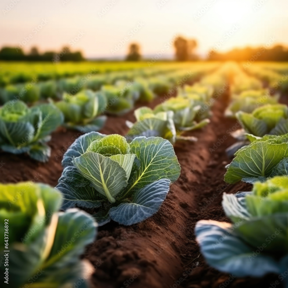 Fresh cabbage in a field, cabbage are growing in a garden background Fresh cabbage in a field, cabbage are growing in a garden background