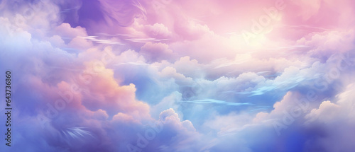 Niebiańska kraina - tło chmury w odcieniach błękitu i różu. Rajskie obłoki w powietrzu. Blask i światłość.