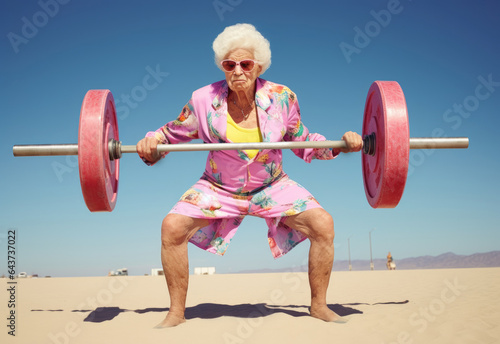 An elderly woman performing a squat exercise with a barbell photo