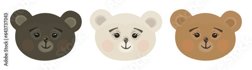 Cute kawaii three bear muzzles in different colors - brown, white and ginger red