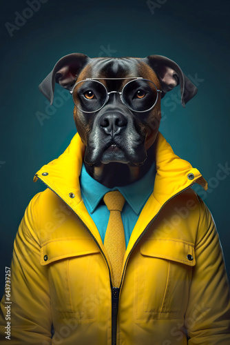 dog posing as a man in a yellow jacket, glasses, blue shirt and yellow tie, portrait, fantasia © Dina Studio
