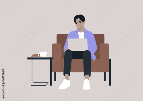 A young millennial character seated comfortably in a leather chair, with a laptop on their lap, actively participating in an online work conversation