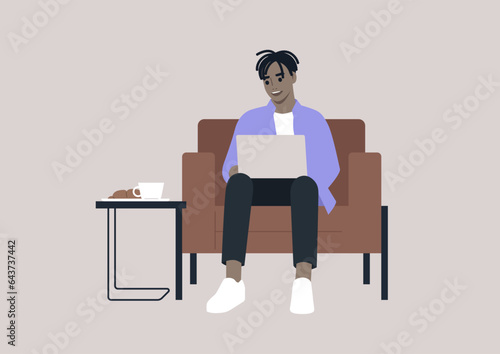 A young millennial character seated comfortably in a leather chair, with a laptop on their lap, actively participating in an online work conversation