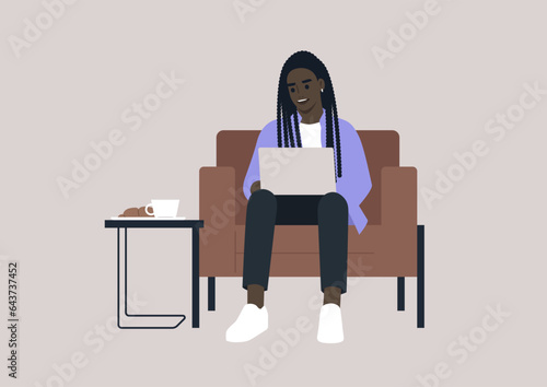 A young millennial character seated comfortably in a leather chair, with a laptop on their lap, actively participating in an online work conversation