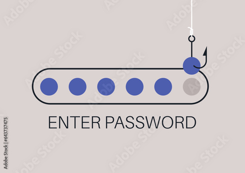A password symbol on a hook, serving as a metaphor for a personal information stealing scam or hacking attempt