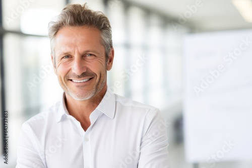 Portrait happy smiling man university professor teacher scientist education knowledge. Businessman in company office employee innovation business project successful entrepreneur CEO employer indoors