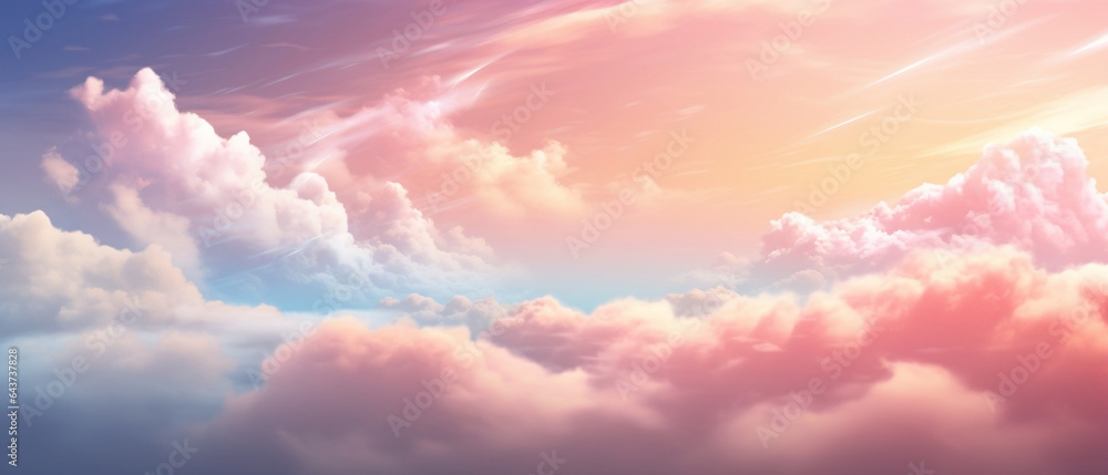 Różowe odcienie chmur, nieba. Światłość słońca. Anielskie przestrzenie. Tło do banerów.  - obrazy, fototapety, plakaty 
