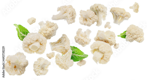Small cauliflower cabbage parts flying in air. File contains clipping path.