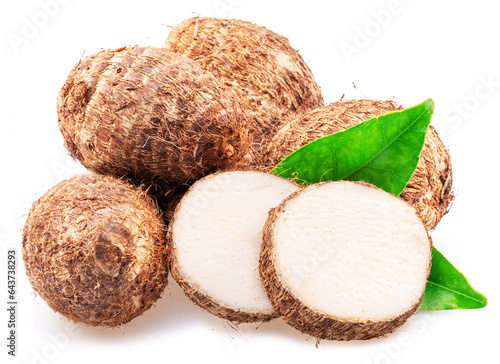 Raw organic eddoe or taro corms with cross cuts isolated on white background.