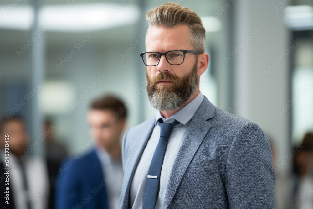 Portrait serious confident handsome mature man businessman people business team blurred office employee company manager money startup innovation project successful entrepreneur CEO employer indoors