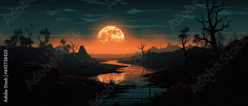 Happy Halloween spooky scary moon night scene horror landscape background. Creepy dark forest woods trees, moon and Happy Haloween ghosts gothic mysterious sky moonlight gloomy scenery backdrop. © Synthetica