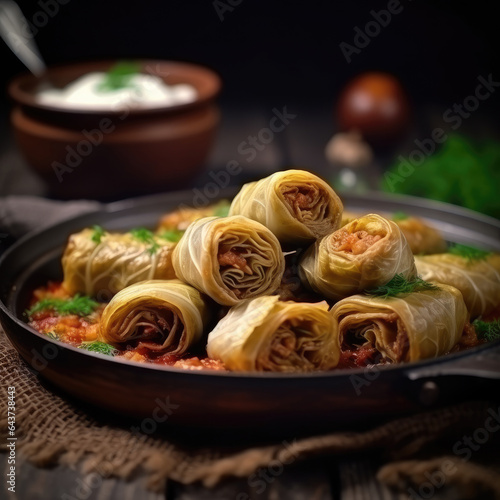 Stuffed cabbage rolls, preparing.Cabbage rolls filled with minced meat and rice in bowl, sarma background