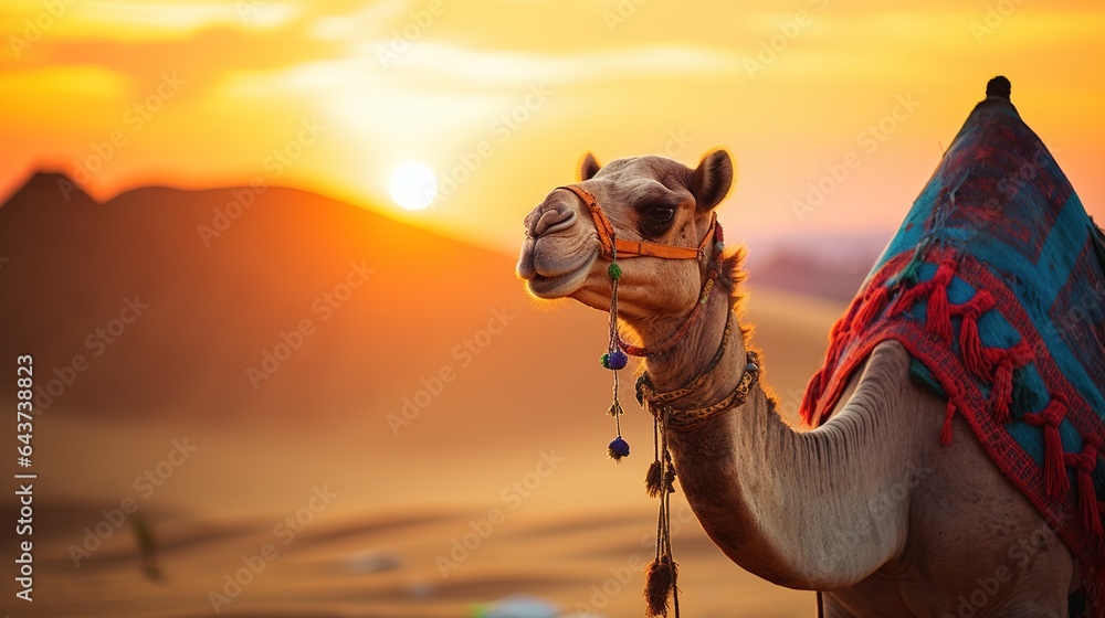 Camels in a traditional bright cape against the backdrop of the sand dune desert . Tourism warm countries background