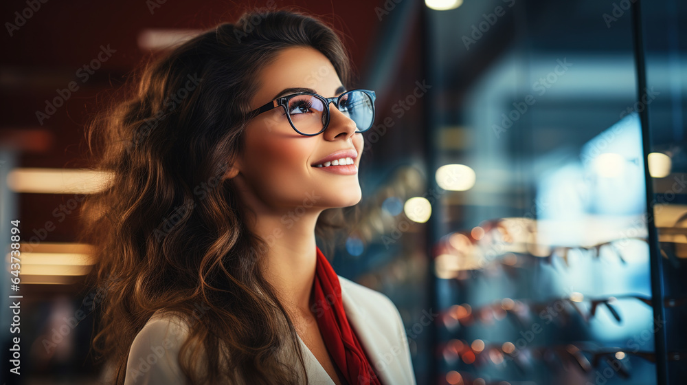Close-up of a gorgeous young woman smiling while choosing eyeglasses at an optician in a shopping mall. Happy beautiful woman shopping for glasses - obrazy, fototapety, plakaty 
