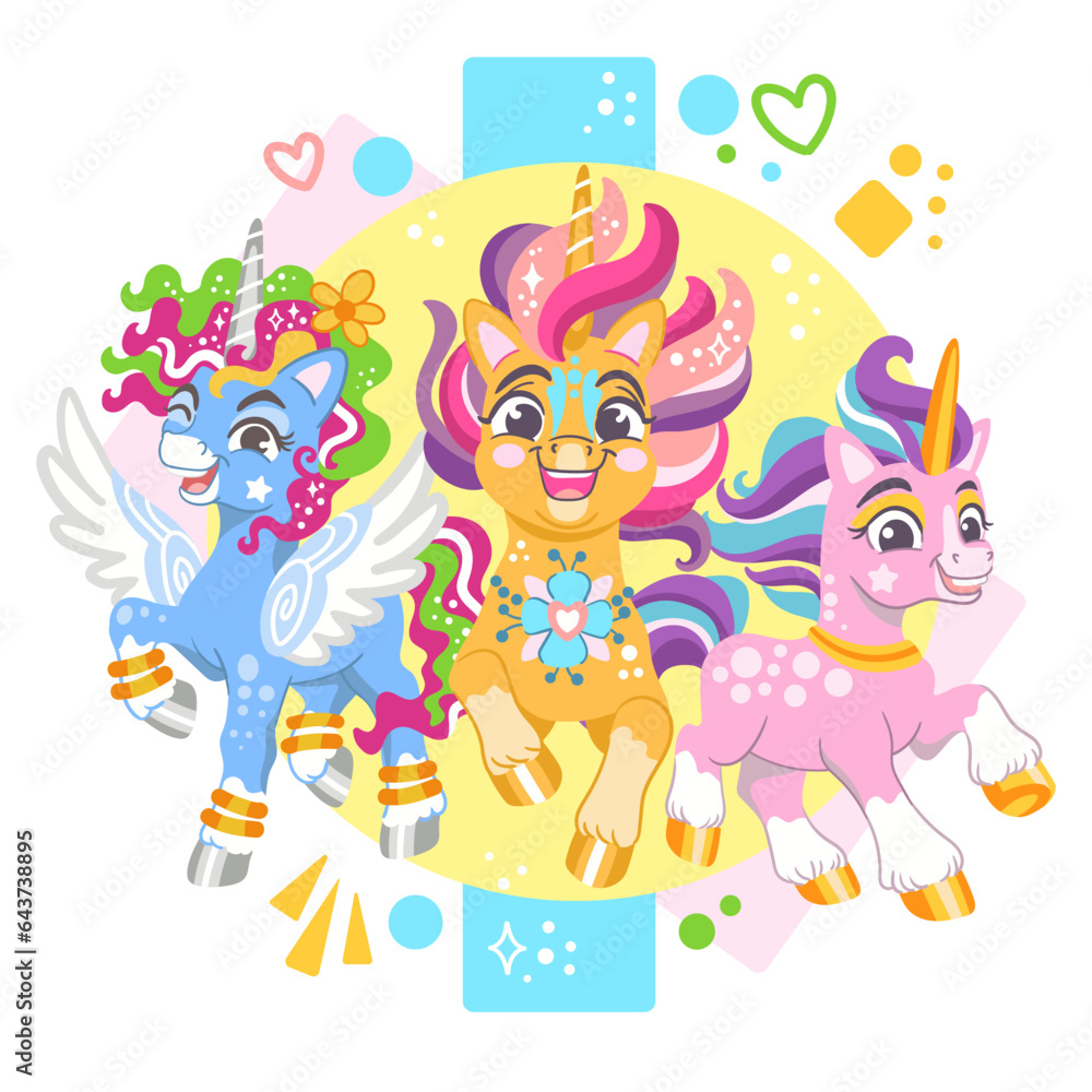 Cute cartoon characters three cool unicorns vector illustration