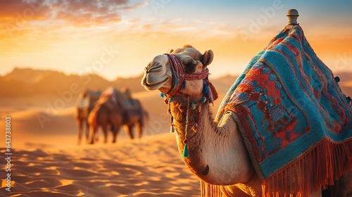 Camels in a traditional bright cape against the backdrop of the sand dune desert . Tourism warm countries background