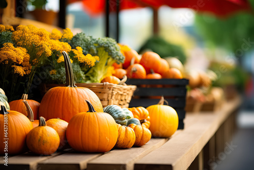 A colorful display of pumpkins apples and gourds at an autumn farmers market background with empty space for text 