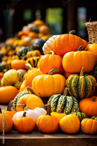 A colorful display of pumpkins apples and gourds at an autumn farmers market background with empty space for text 