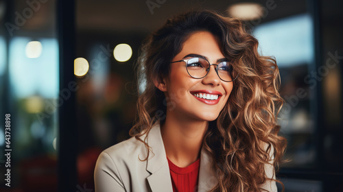 Close-up of a gorgeous young woman smiling while choosing eyeglasses at an optician in a shopping mall. Happy beautiful woman shopping for glasses