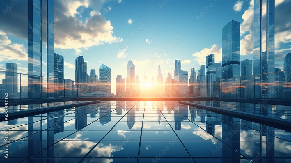 Obraz premium Glass facades of a skyscraper on a bright sunny day with sunbeams in the blue sky. Modern buildings in the business district. Economy, finance, business activity concept. Perspective view