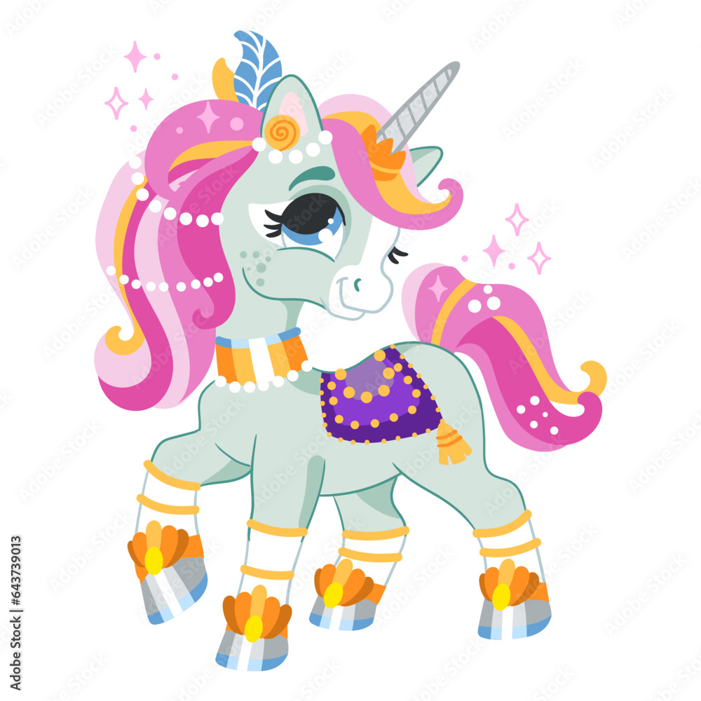 Cute cartoon character unicorn in jewels vector illustration