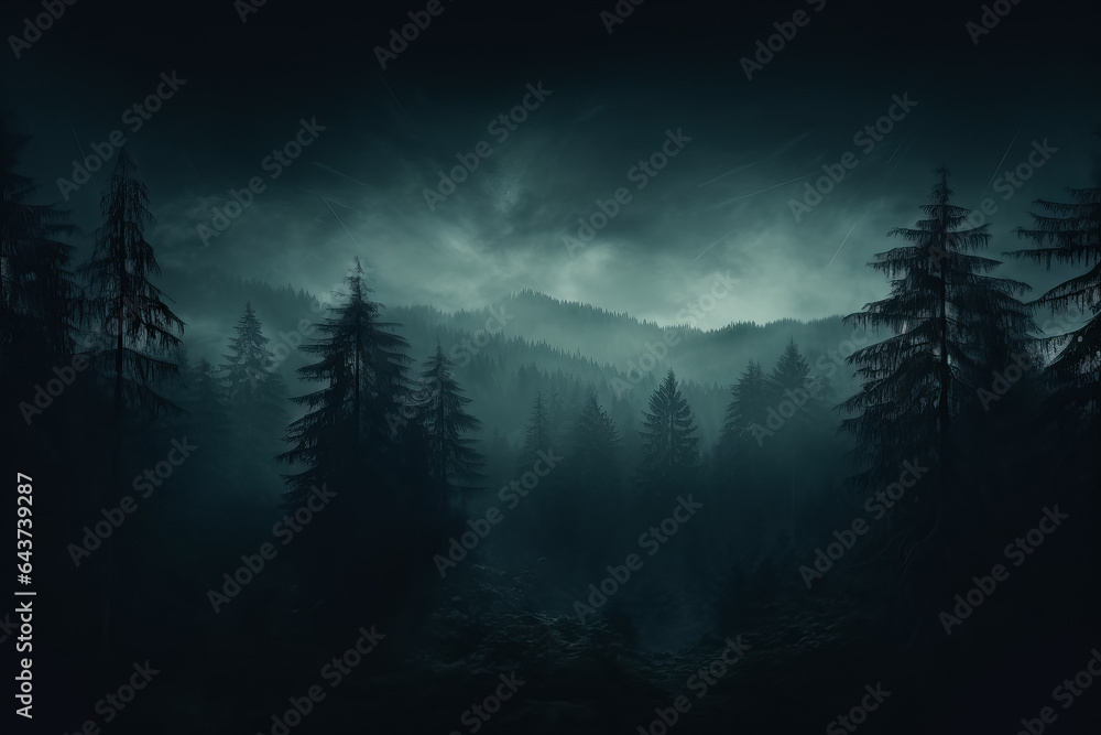 A misty forest with haunting trees shrouded in darkness background with empty space for text 