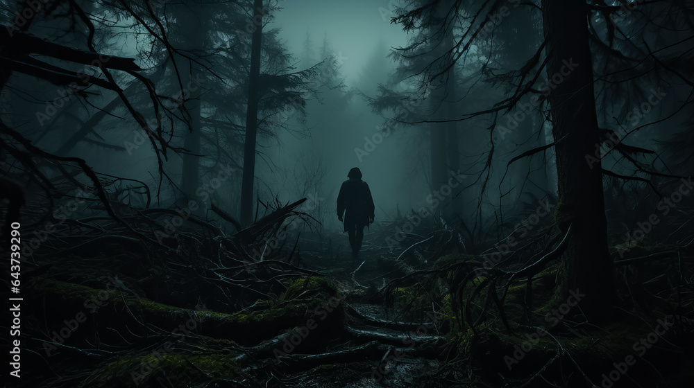 A misty forest shrouded in darkness where spooky silhouettes and eerie shadows create an atmosphere of spine-chilling mystery  - obrazy, fototapety, plakaty 