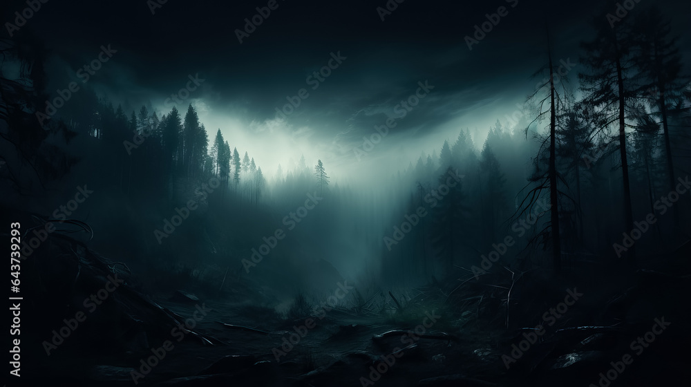 A misty forest with haunting trees shrouded in darkness background with empty space for text A misty forest with haunting trees shrouded in darkness background with empty space for text