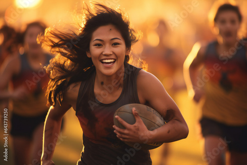 Happy woman rugby player in a match