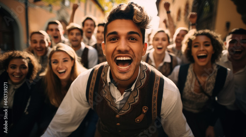 A group of cheerful individuals clad in traditional Bavarian attire raise their beer steins in celebration at a lively Octoberfest beer festival 