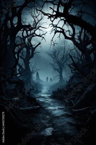 A misty forest enveloped in eerie darkness with gnarled trees and a full moon casting haunting shadows  photo