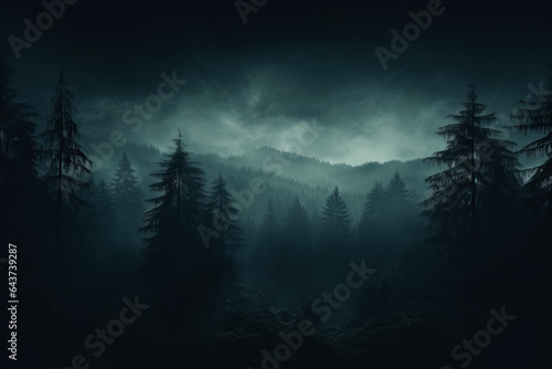 A misty forest with haunting trees shrouded in darkness background with empty space for text 
