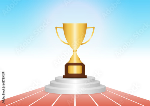 Golden Trophy in Running Track or Athlete Track. Champion and Winning Concept. Vector Illustration.