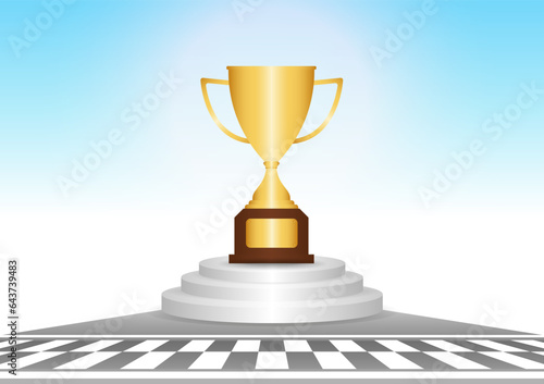 Golden Trophy in Running Track or Athlete Track. Champion and Winning Concept. Vector Illustration.