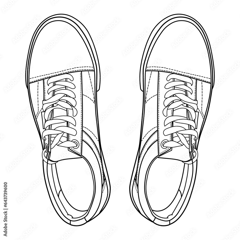 hand drawn sneakers, gym shoes, side and sole view. Image in different
