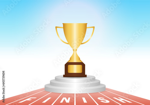 Golden Trophy in Running Track or Athlete Track with Start or Finish line. Champion and Winning Concept. Vector Illustration.