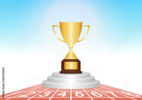 Golden Trophy in Running Track or Athlete Track. Champion and Winning Concept. Vector Illustration.
